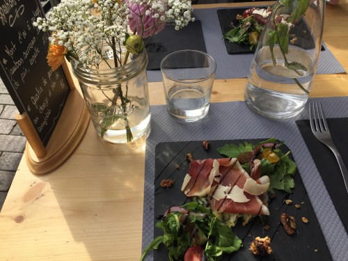 When I first arrived in Bordeaux, I checked into my Airbnb, then grabbed lunch outside St. Michael's Basilica. I order the plate of the day, a three-course delights with a salad and charcuterie, savory cake, and brownies.