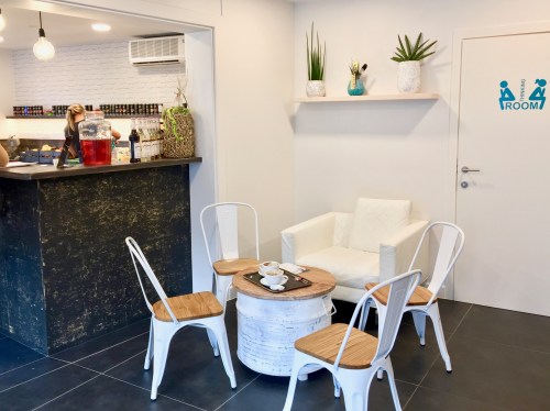 There are several seating options, including bistro sets (pictured), lounge furniture and bar seating.